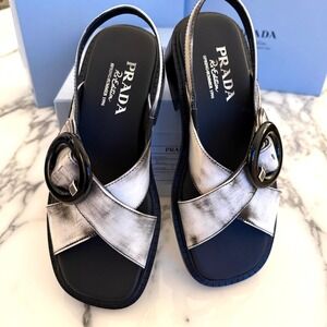 Prada 1X962N Women White/Black Leather slingback sandals shoes size 38 US 8